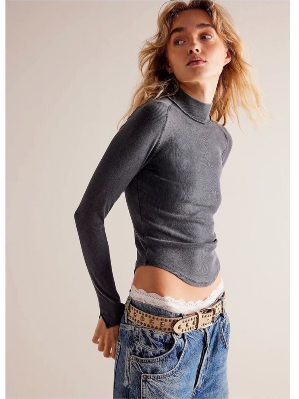 FP We The Free Pixie Tee Black Washed Ribbed Long Sleeve Mock Neck Boho Small